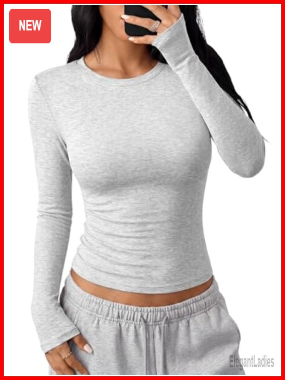 Long Sleeve Fitted Crew Neck Top 93% Cotton Spandex Slim Fit Y2K